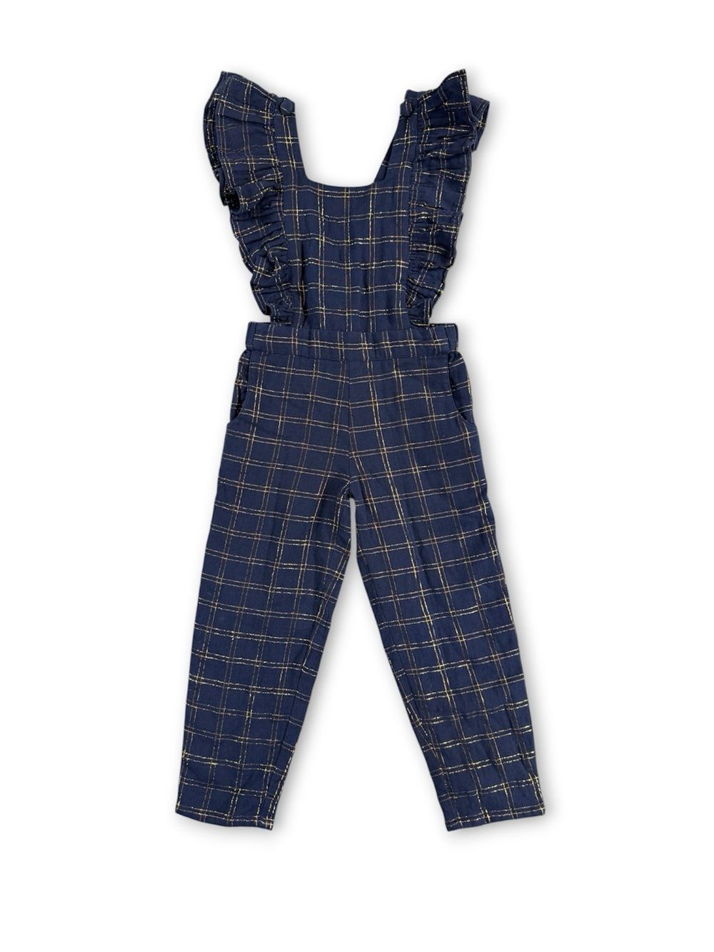 NWT Louis Louise Girls Navy Metallic Plaid Ruffle-Strap Jumpsuit - Size 6